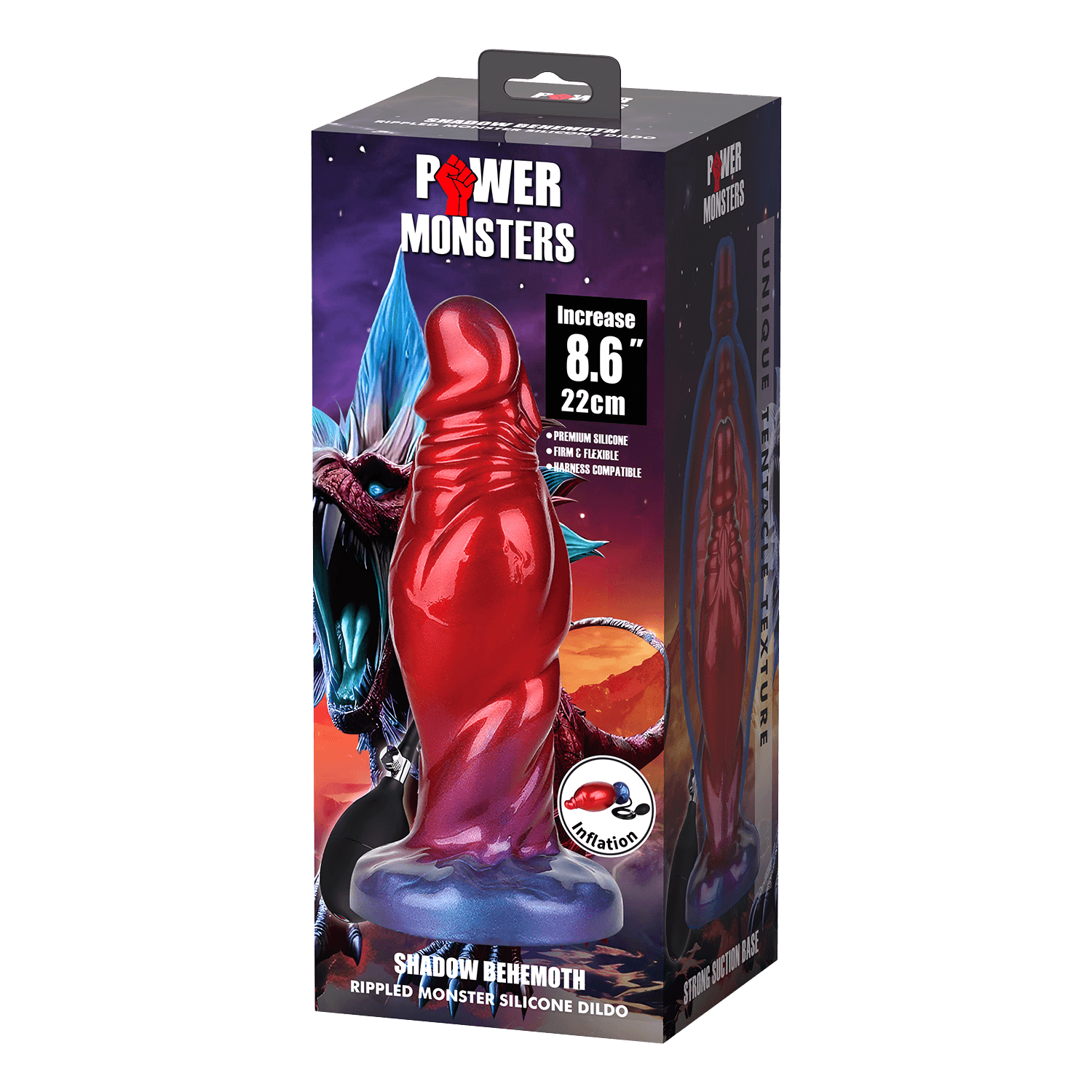 Power Monsters - Shadow Behemoth - Opblaasbare geribbelde monster dildo - 22 cm - Mix Color 8