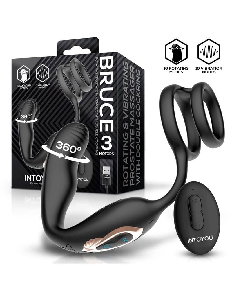 IY - Bruce - Prostaatmassager 360° met dubbele penisringvibratie - Zwart