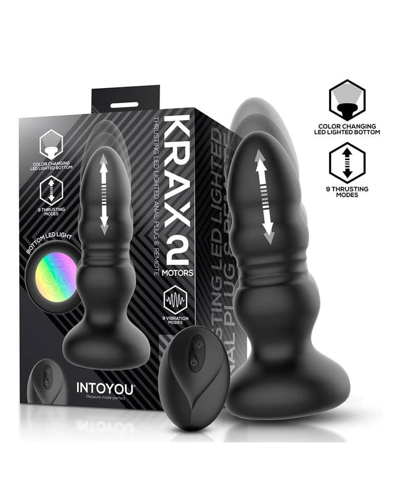 IY - Krax - Buttplug met vibratie, stootbeweging, LED-licht en afstandsbediening - Zwart