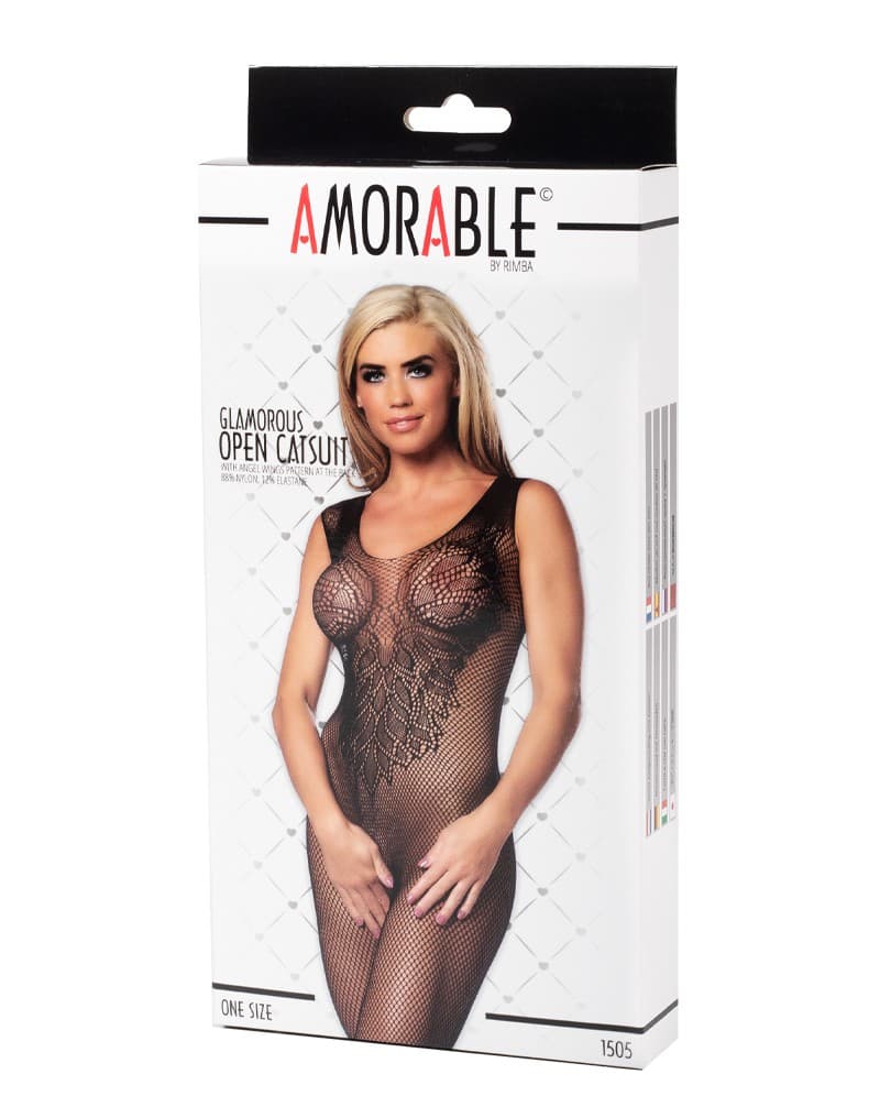 Amorable by Rimba - Open Catsuit met patroon van engelenvleugels - One Size - Zwart 2