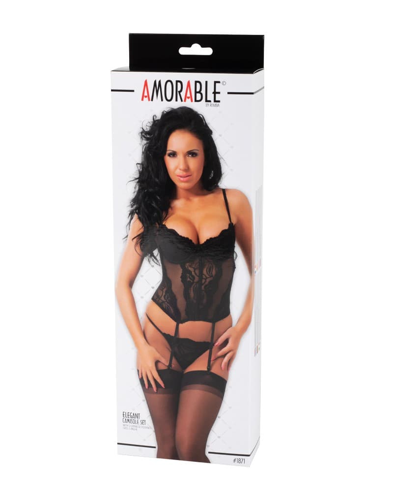 Amorable by Rimba - Camisole met G-string en Kousen - Zwart 2