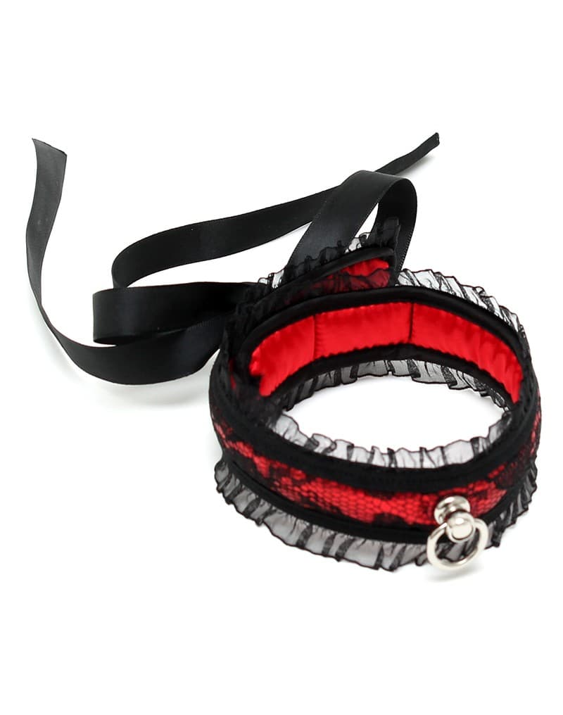 Rimba Bondage Play - Satijn Look Kraag - One Size - Zwart / Rood 2