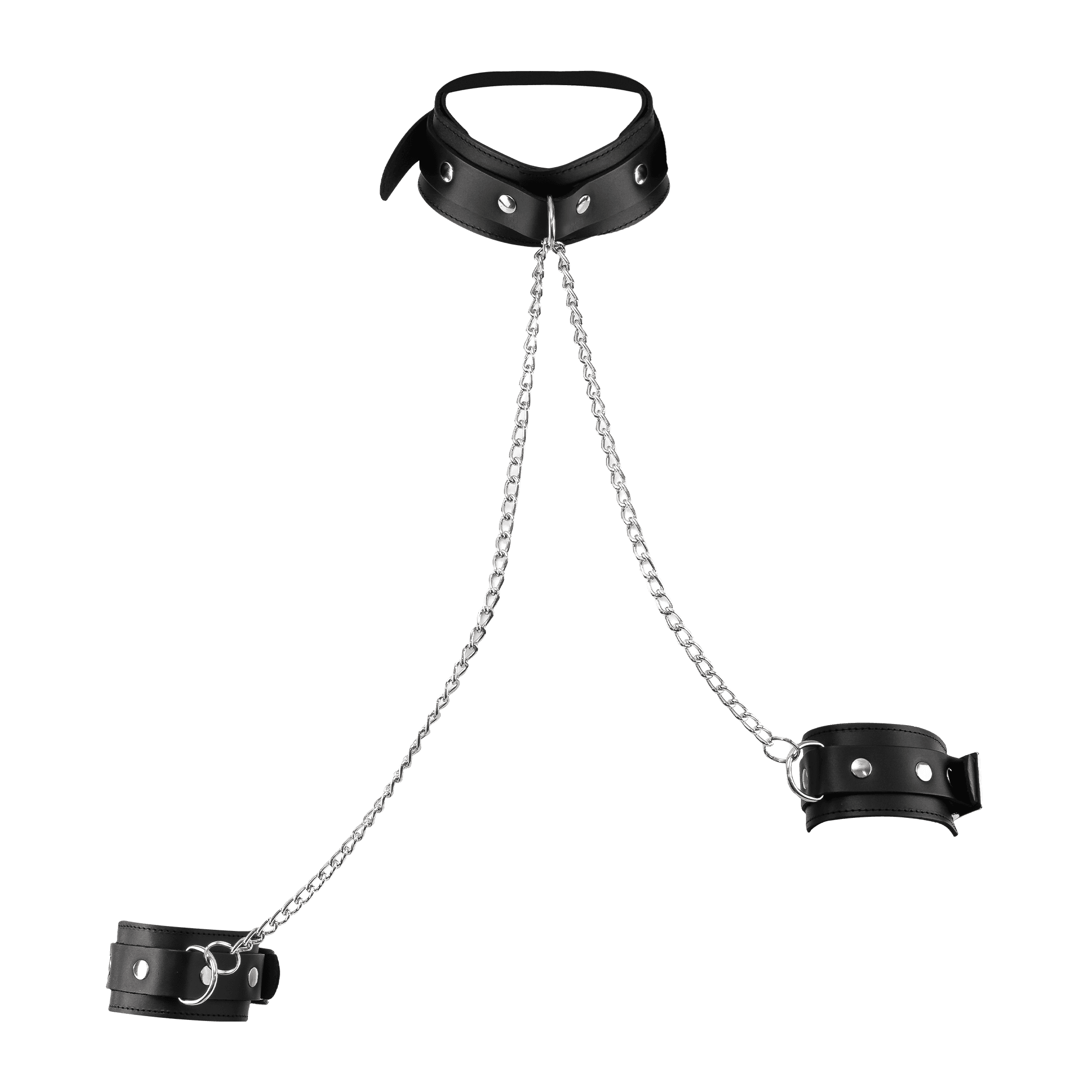 Rimba Bondage Play - Lederen Boeienset met Halsband en Ketting - Zwart & Zilver 4