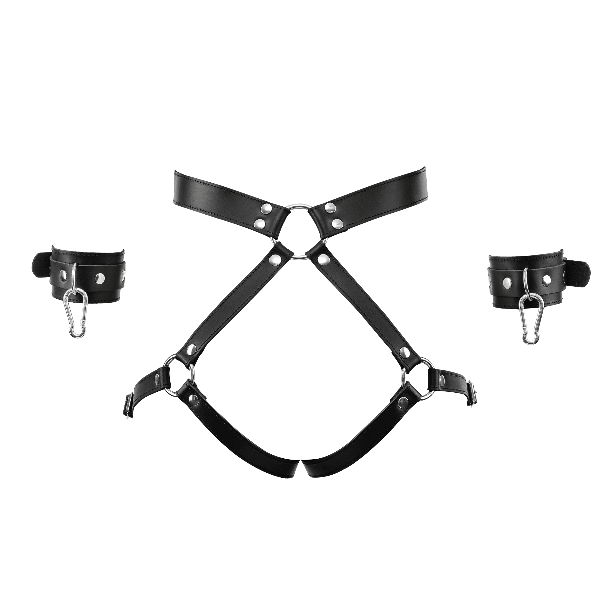Rimba Bondage Play - Luxe lederen bondageharnas met boeien - Zwart 4