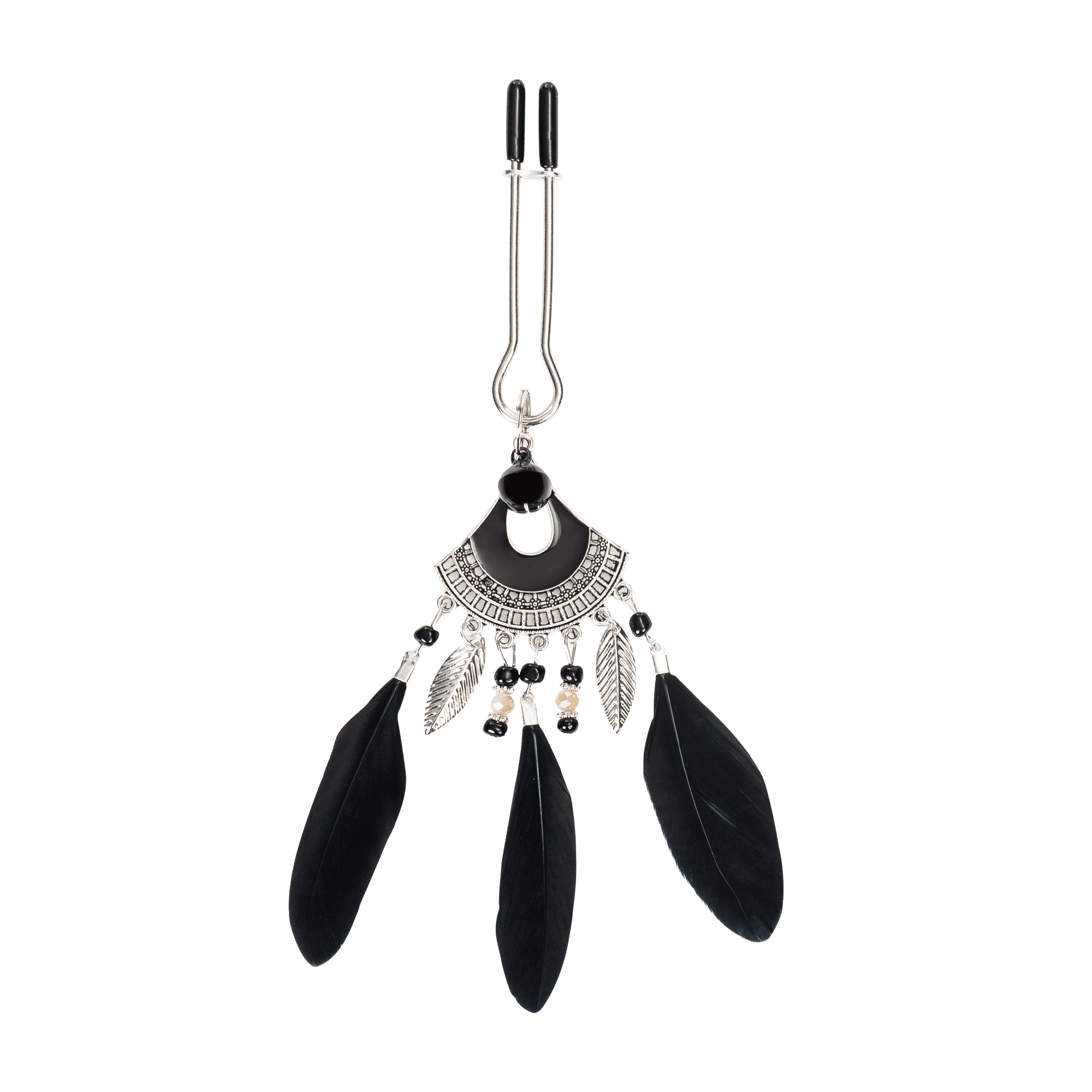 Rimba Bondage Play - Tepelklemmen met veren - Zwart & Zilver 4