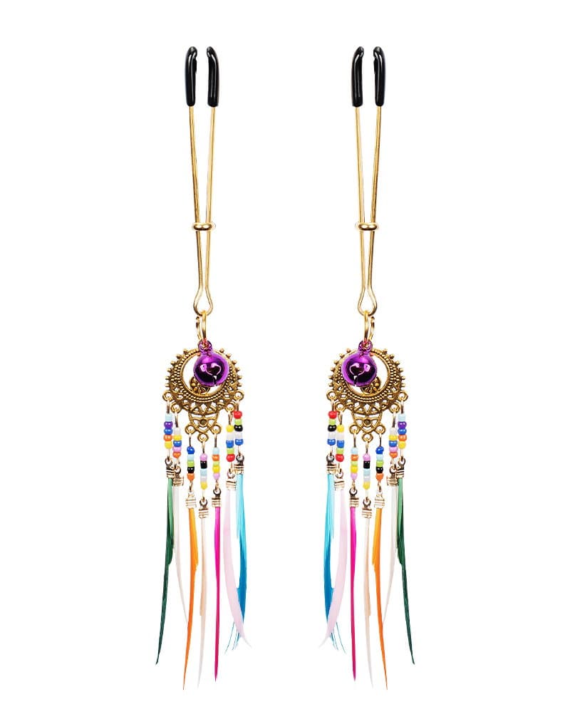 Rimba Bondage Play - Tepelklemmen met veren - Multicolor